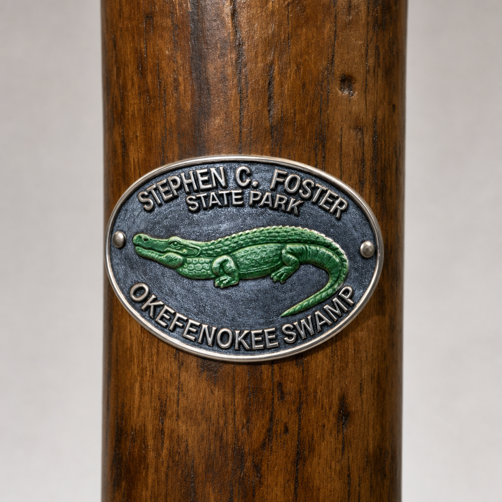 Stephen Foster State Park Okefenokee Swamp hiking stick medallion installed on a wooden hiking staff