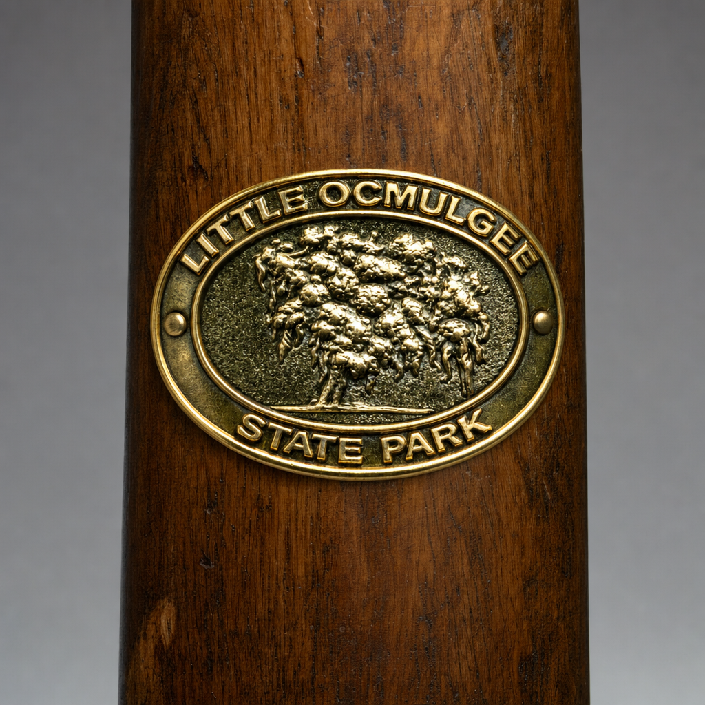 Little Ocmulgee State Park hiking stick medallion installed on a wooden hiking staff