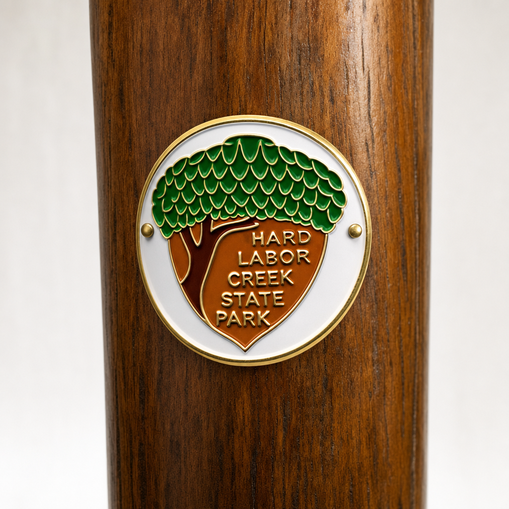 Hard Labor Creek State Park hiking stick medallion installed on a wooden hiking staff