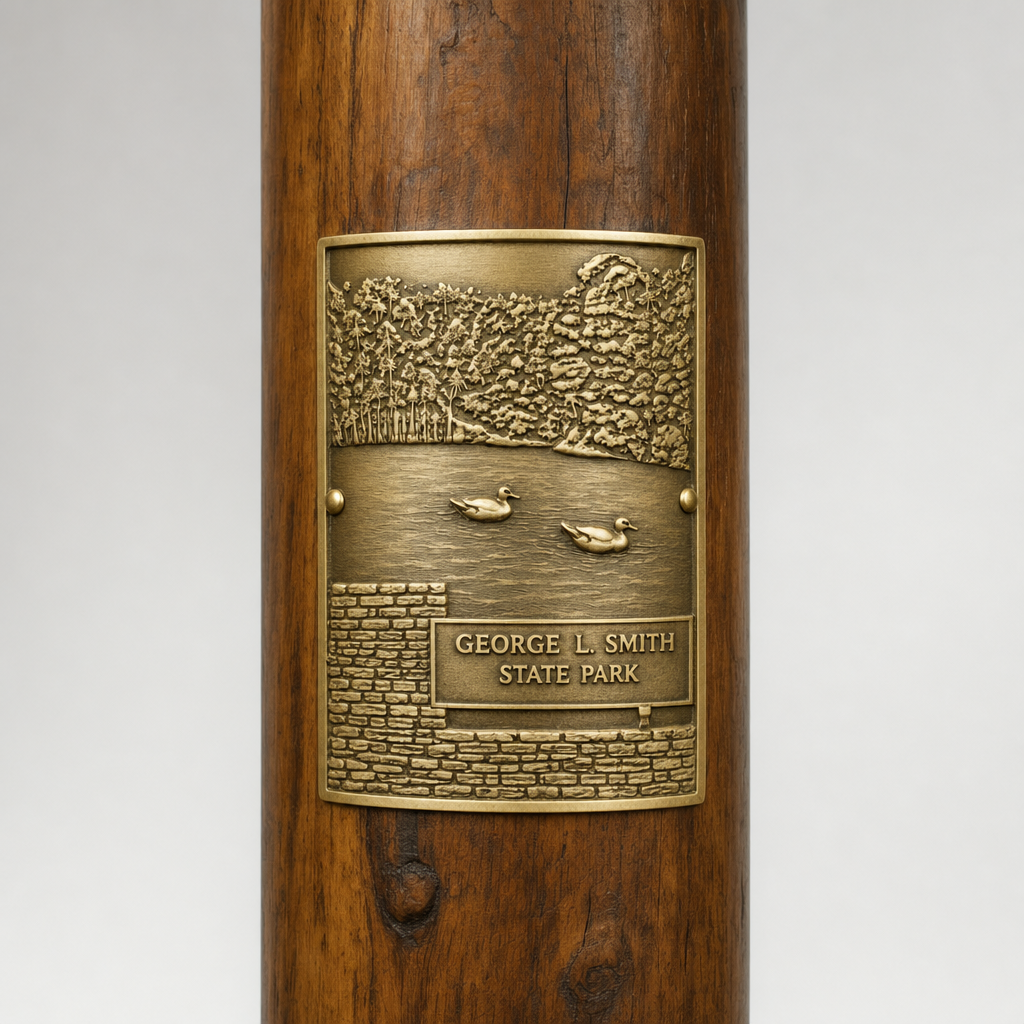 Gordonia Alatamaha State Park hiking stick medallion installed on a wooden hiking staff