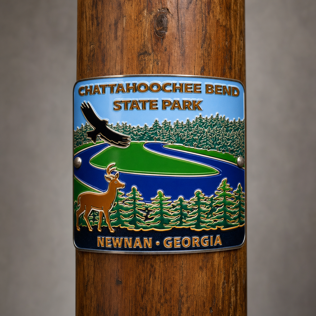 Chattahoochee Bend State Historic Park hiking stick medallion installed on a wooden hiking staff