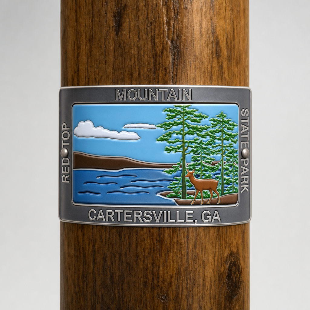 Red Top Mt. National Recreation Area hiking stick medallion installed on a wooden hiking staff