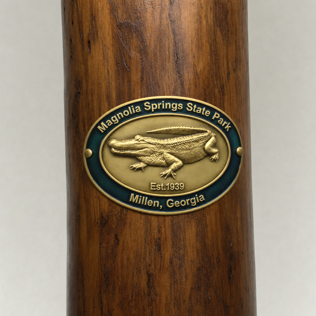 Magnolia Springs State Park hiking stick medallion installed on a wooden hiking staff