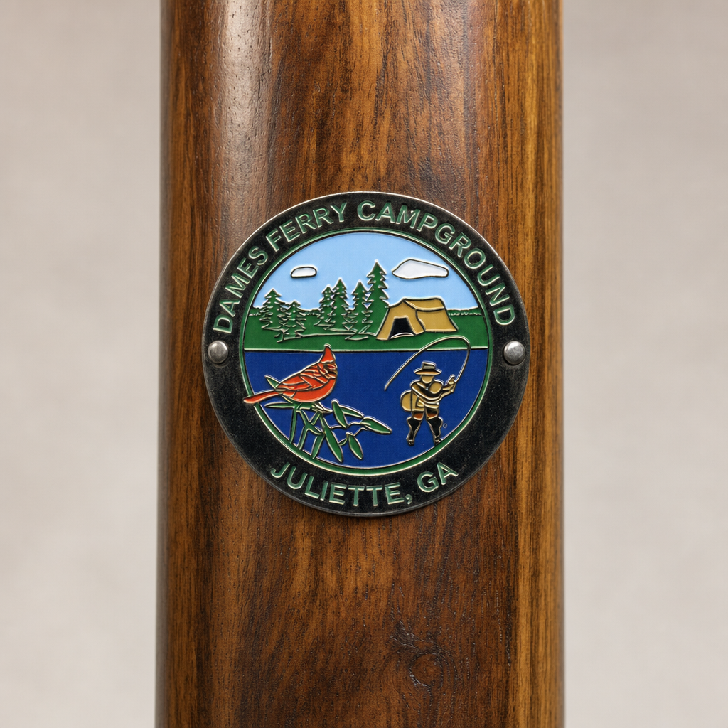 Dames Ferry Campground hiking stick medallion installed on a wooden hiking staff