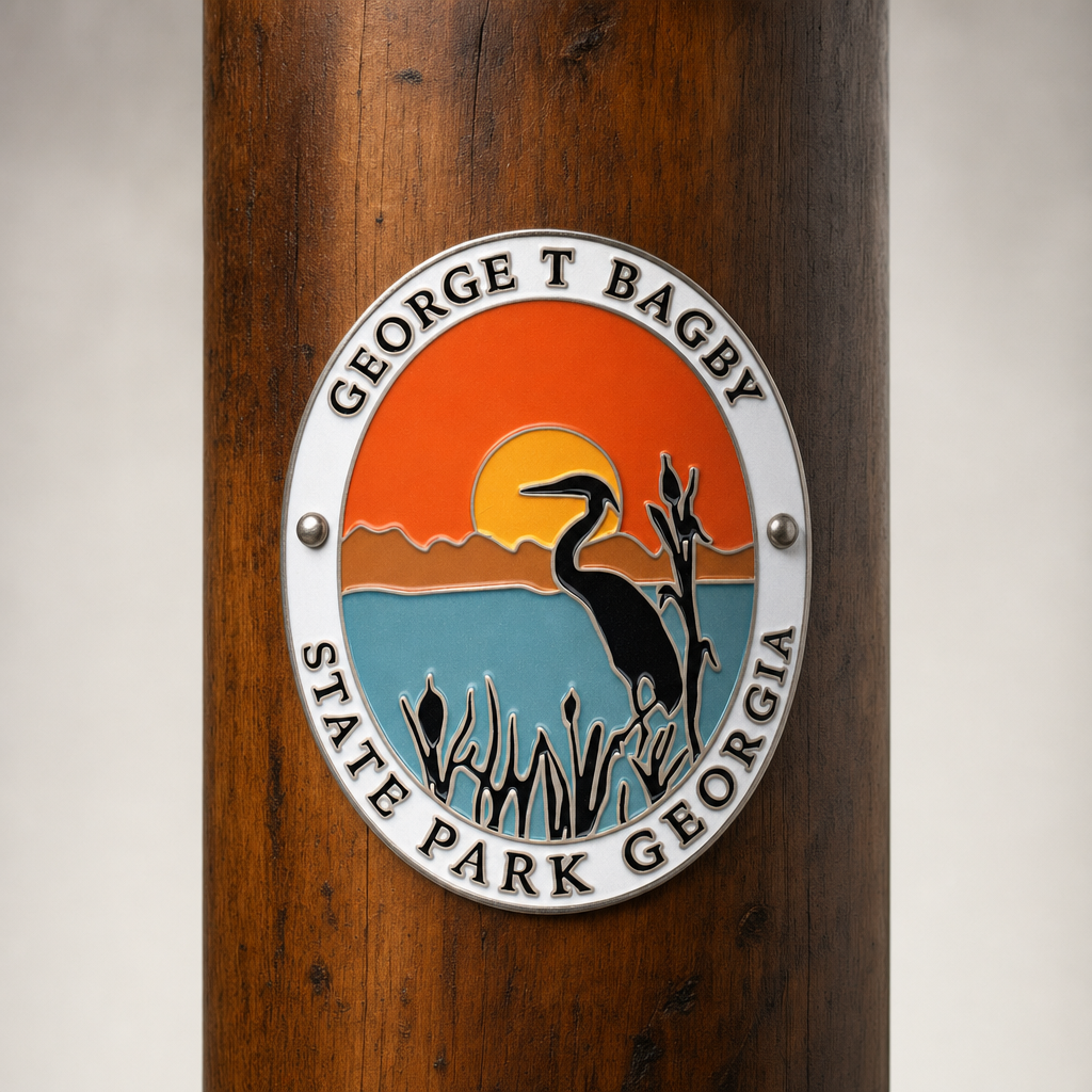 George T. Bagby State Park hiking stick medallion installed on a wooden hiking staff