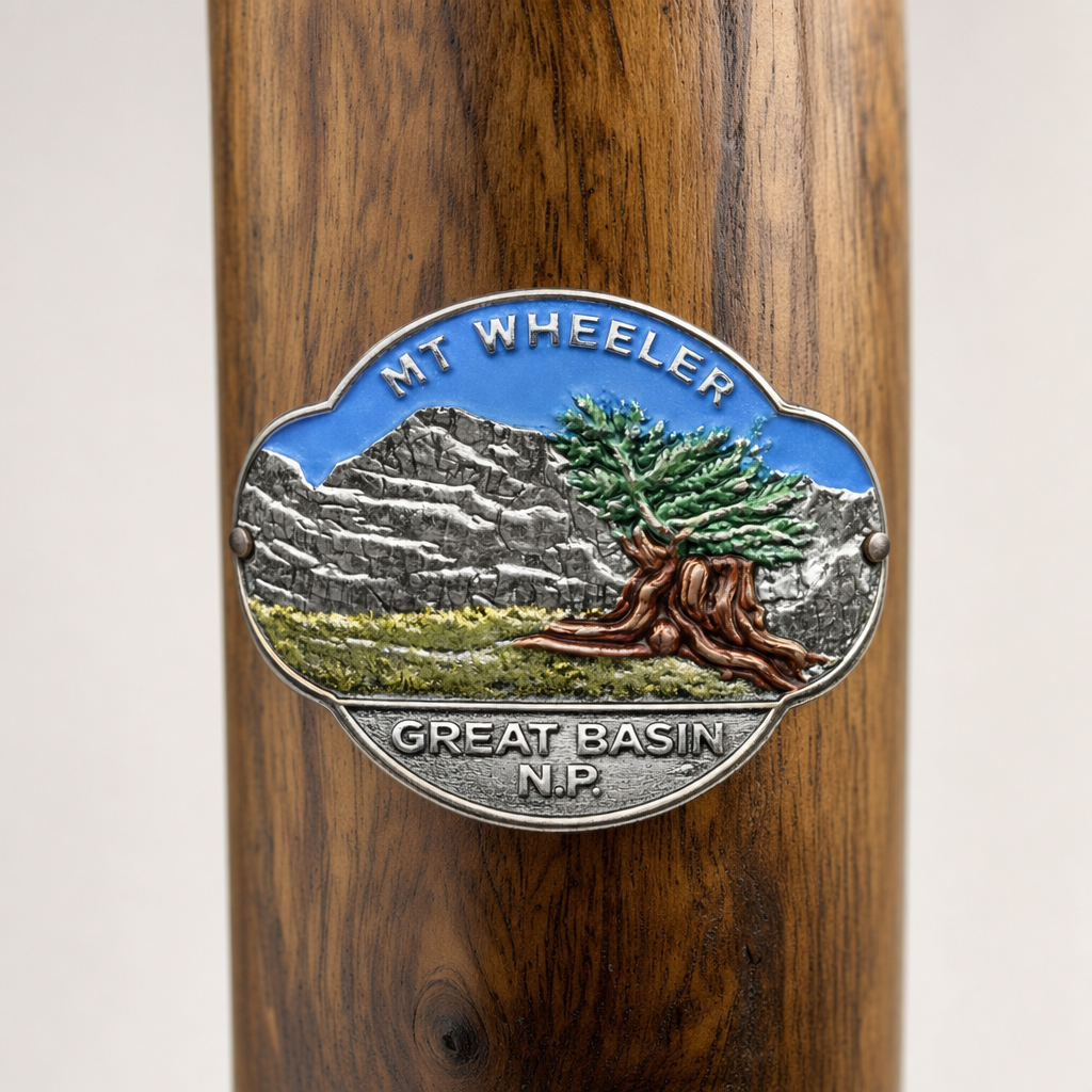 Mt. Wheeler National Park hiking stick medallion installed on a wooden hiking staff