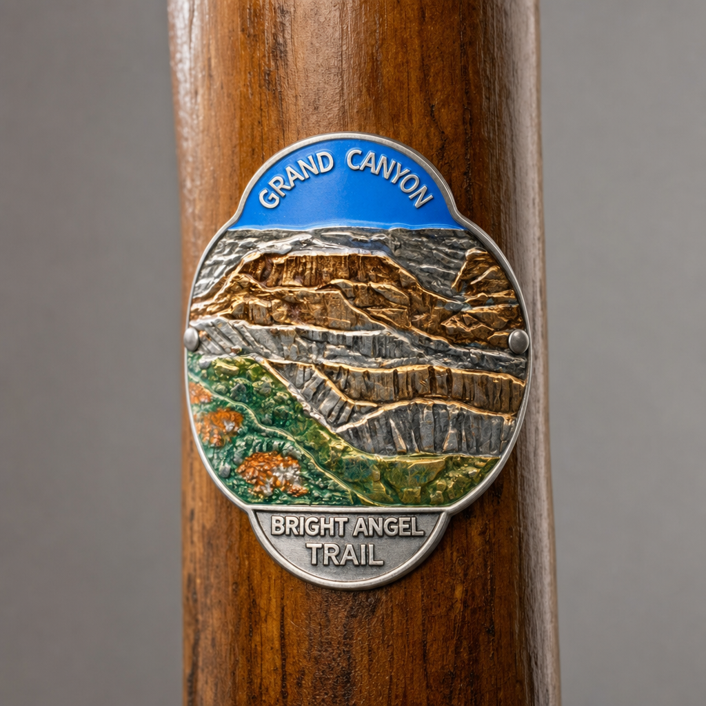 Grand Canyon National Park Bright Angel Trail hiking stick medallion installed on a wooden hiking staff