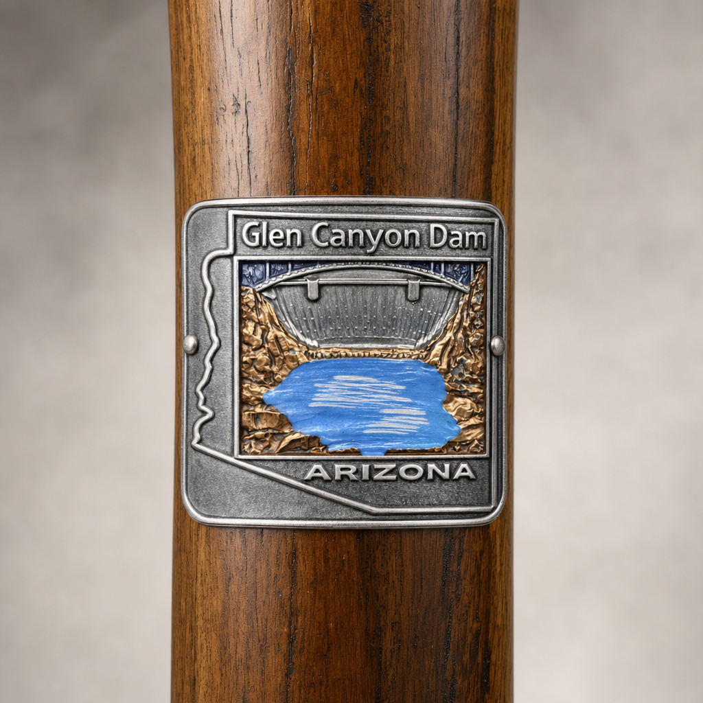 Glen Canyon Dam National Recreation Area View hiking stick medallion installed on a wooden hiking staff