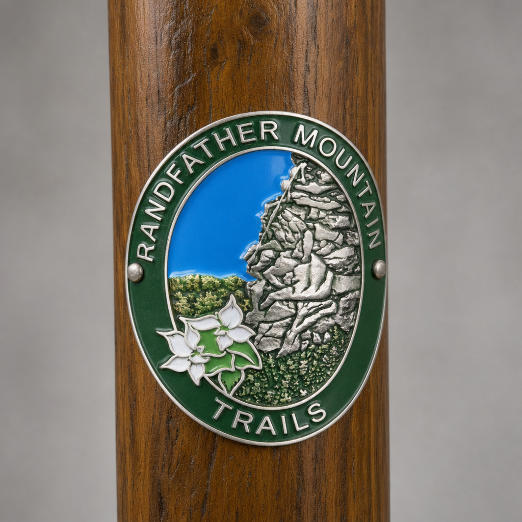 Grandfather Mountain State Park Trail hiking stick medallion installed on a wooden hiking staff