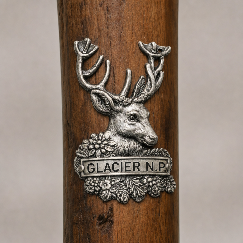 Glacier National Park National Park Deer hiking stick medallion installed on a wooden hiking staff