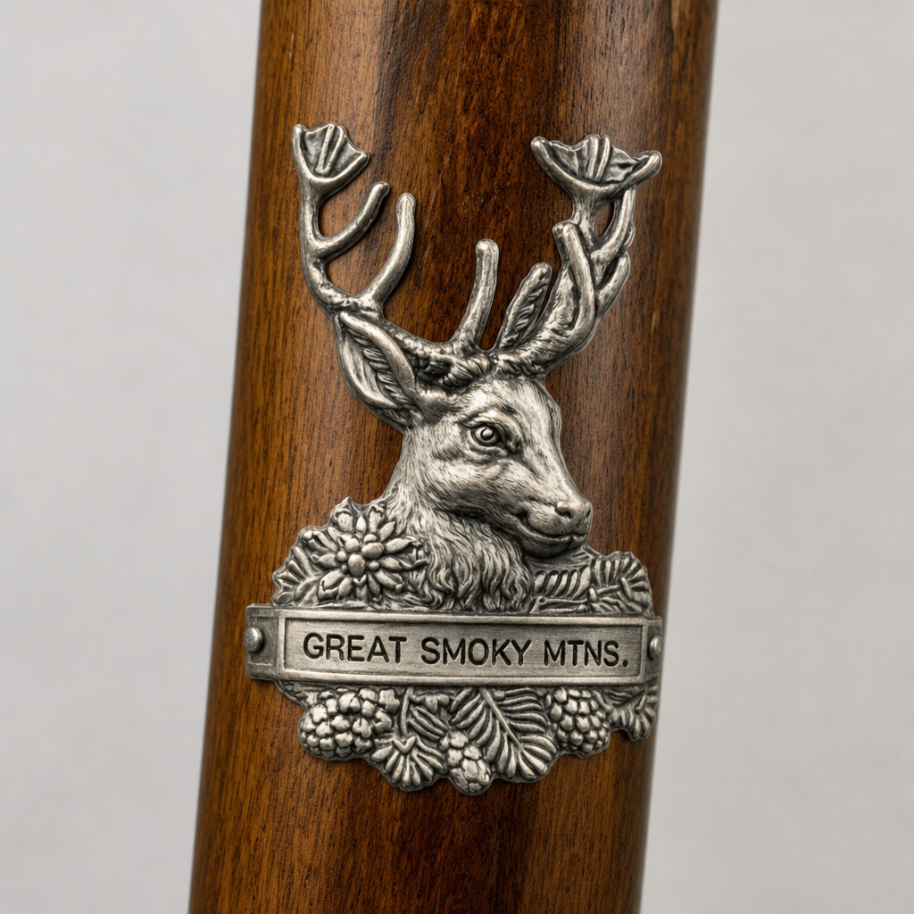 Great Smoky Mt. National Park Deer hiking stick medallion installed on a wooden hiking staff