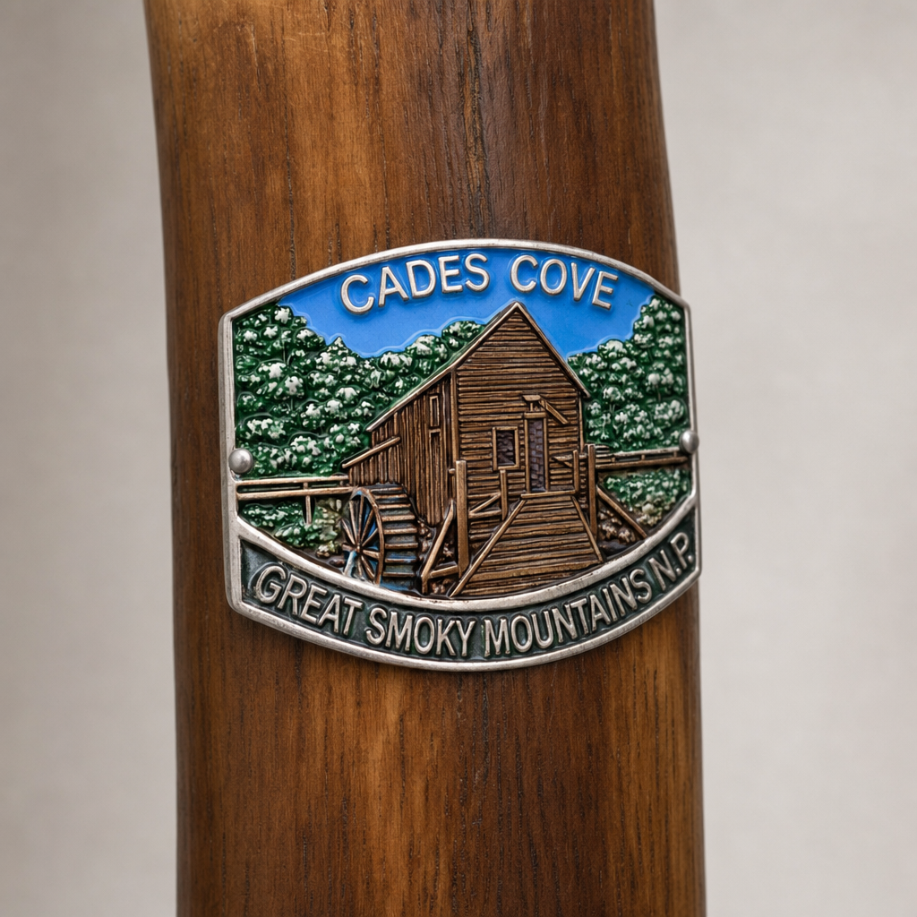 Great Smoky Mt. National Park Cades Cove (Cable Mills) hiking stick medallion installed on a wooden hiking staff