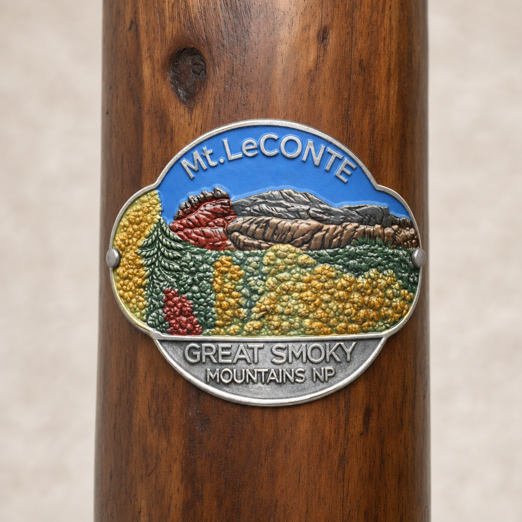 Great Smoky Mt. National Park Mt. LeConte hiking stick medallion installed on a wooden hiking staff