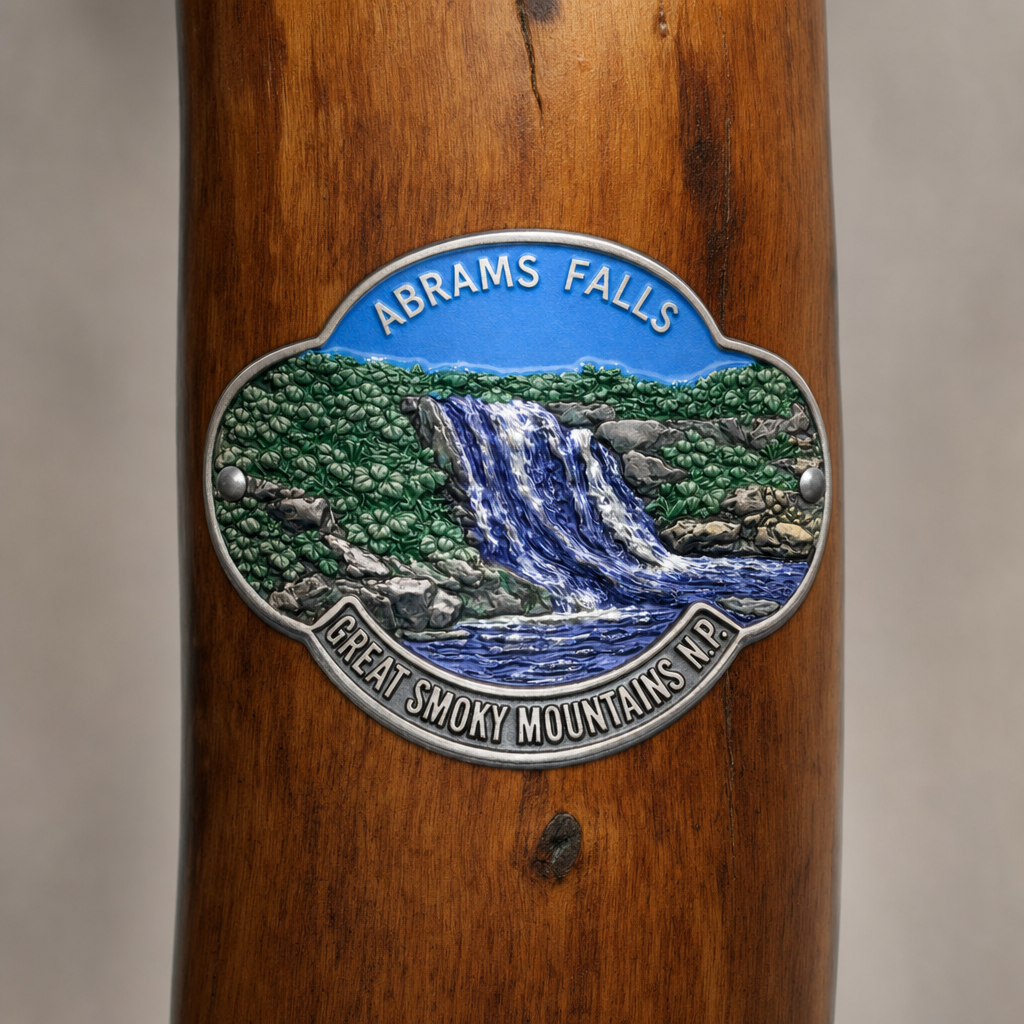 Great Smoky Mt. National Park Abrams Falls hiking stick medallion installed on a wooden hiking staff