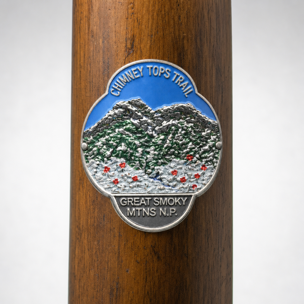 Great Smoky Mt. National Park Chimney Tops Trail hiking stick medallion installed on a wooden hiking staff