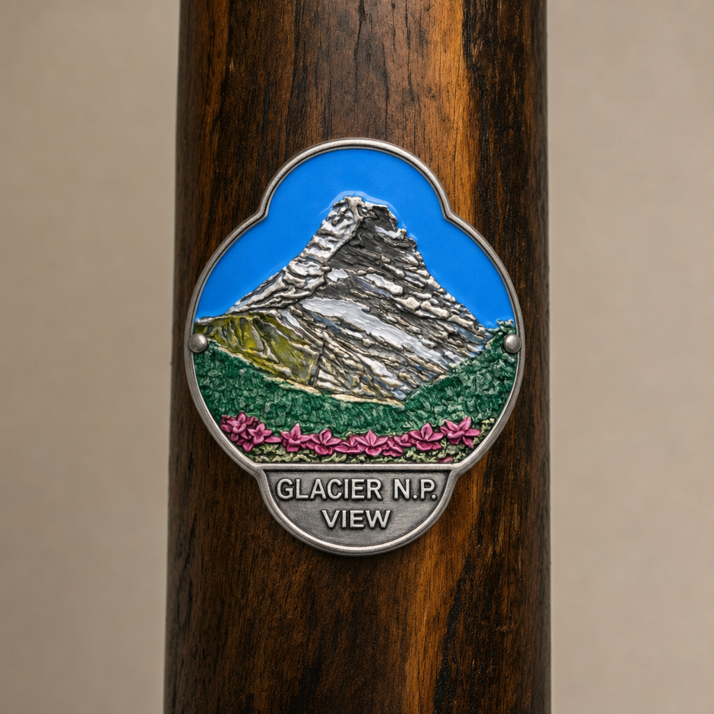 Glacier National Park National Park Mountain View hiking stick medallion installed on a wooden hiking staff