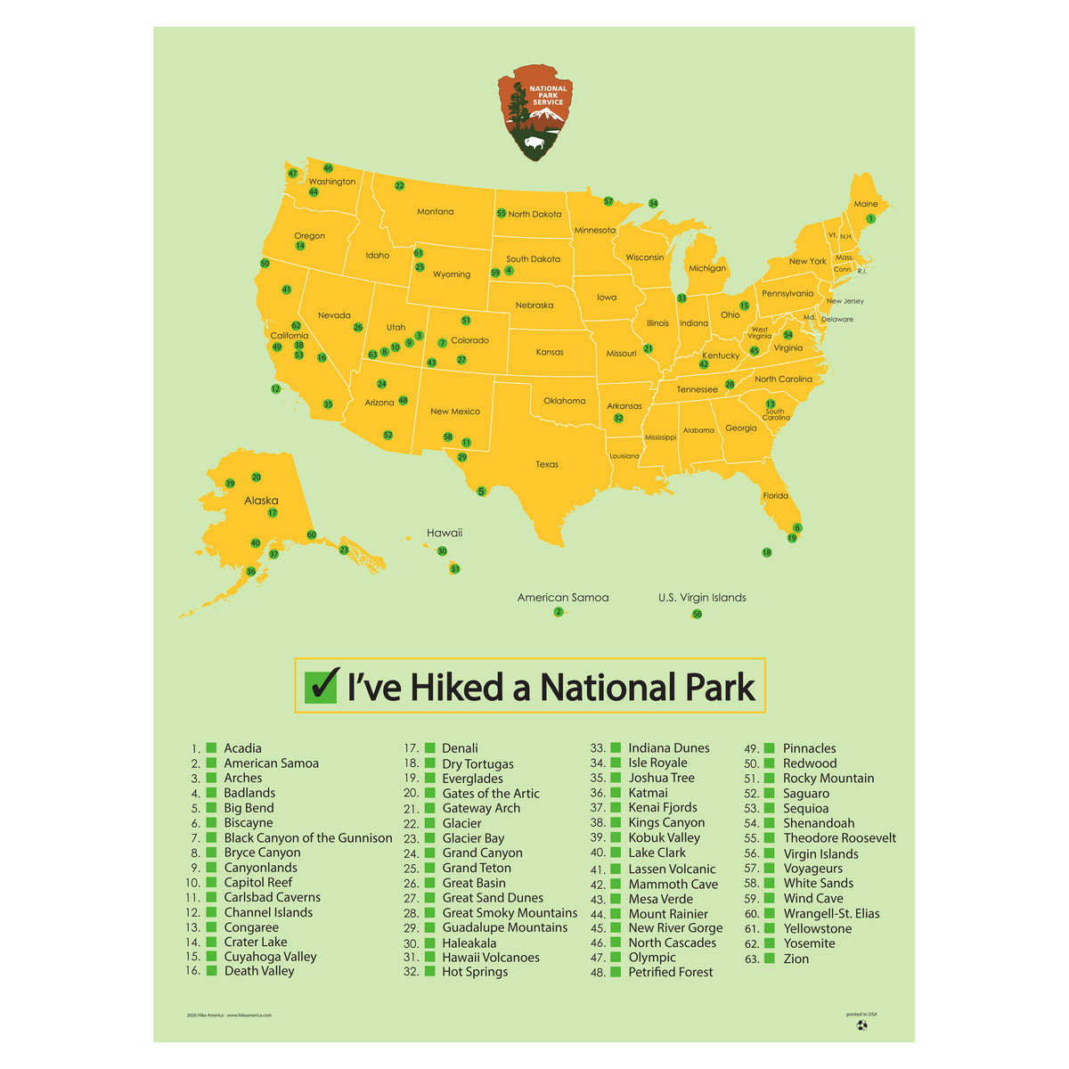 U.S. National Parks Checklist Poster – 18" × 24"