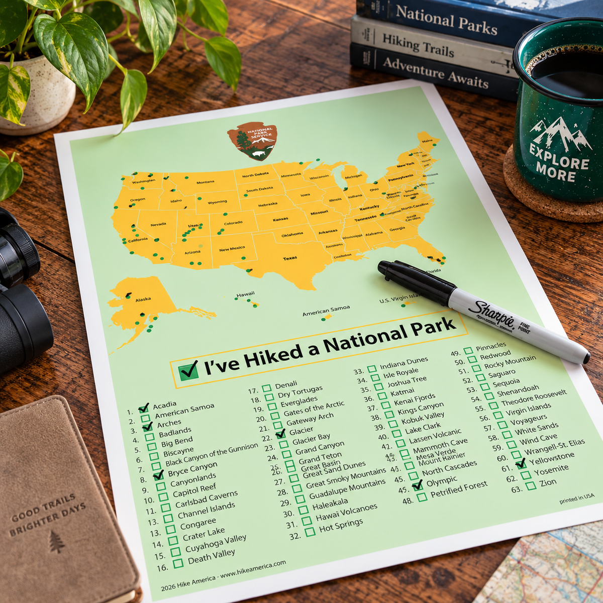 U.S. National Parks Checklist Poster – 18" × 24"
