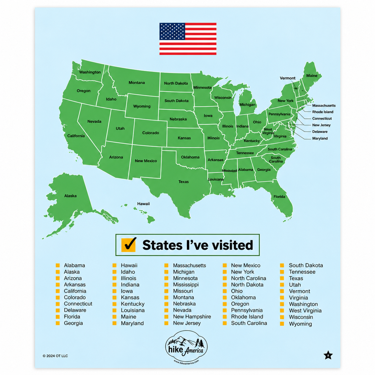 U.S. States Checklist Poster - 18" x 24"
