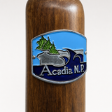 Acadia National Park View hiking stick medallion installed on a wooden hiking staff