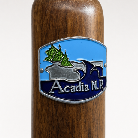Acadia National Park View hiking stick medallion installed on a wooden hiking staff