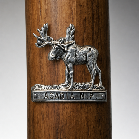 Acadia National Park Moose hiking stick medallion installed on a wooden hiking staff