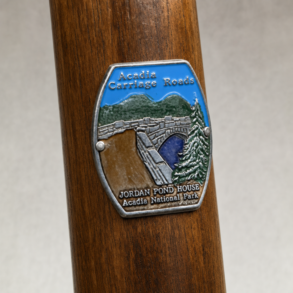 Acadia National Park Carriage Roads Trails hiking stick medallion installed on a wooden hiking staff