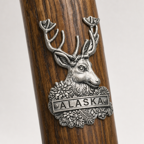 Alaska Deer hiking stick medallion installed on a wooden hiking staff