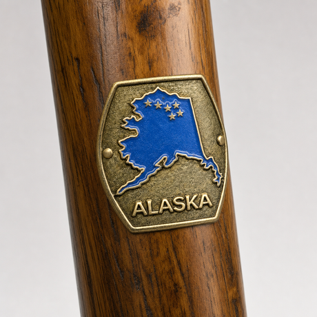 Alaska Flag hiking stick medallion installed on a wooden hiking staff