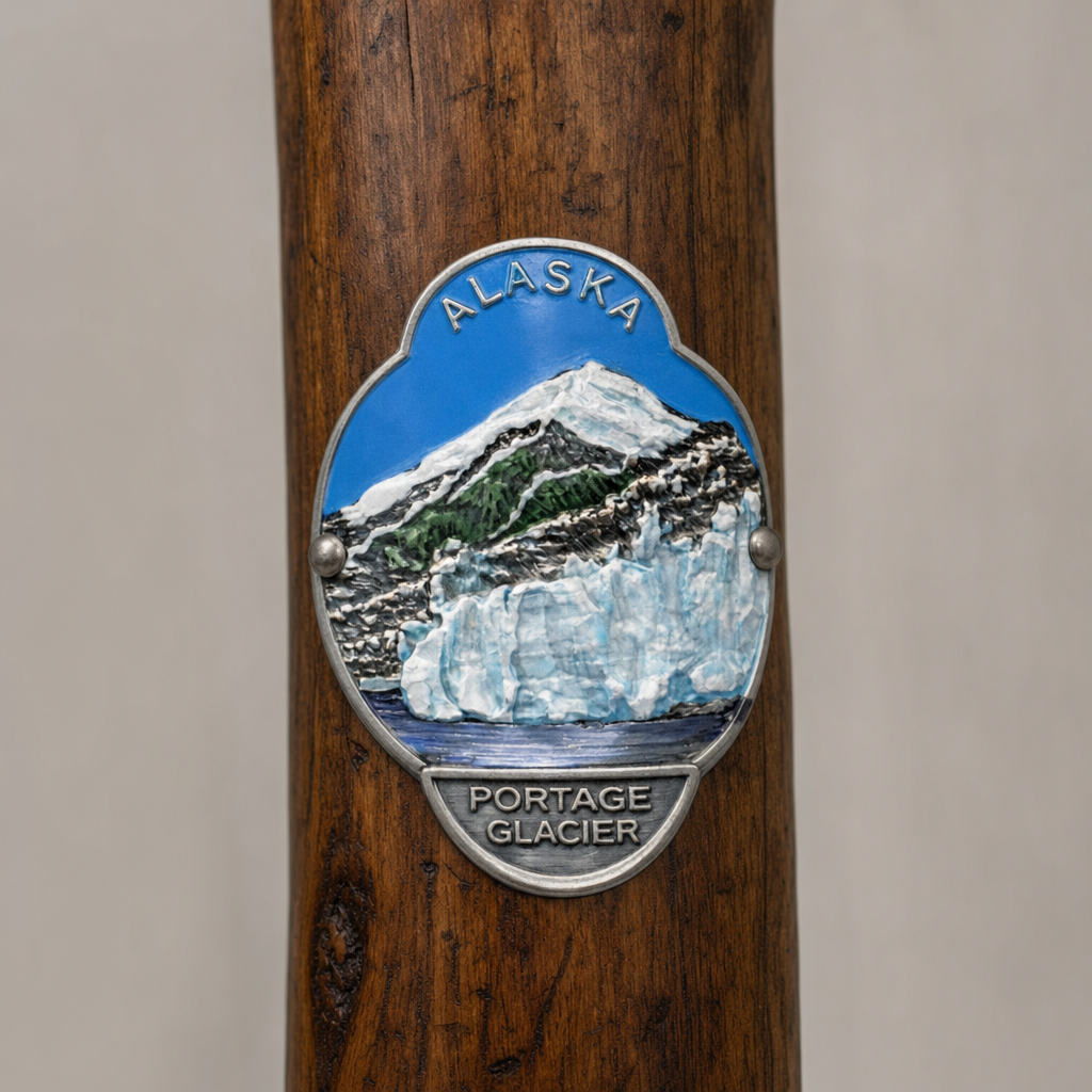 Portage Glacier State Park hiking stick medallion installed on a wooden hiking staff