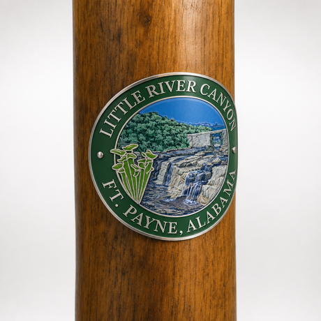 Little River Canyon National Preserve hiking stick medallion installed on a wooden hiking staff