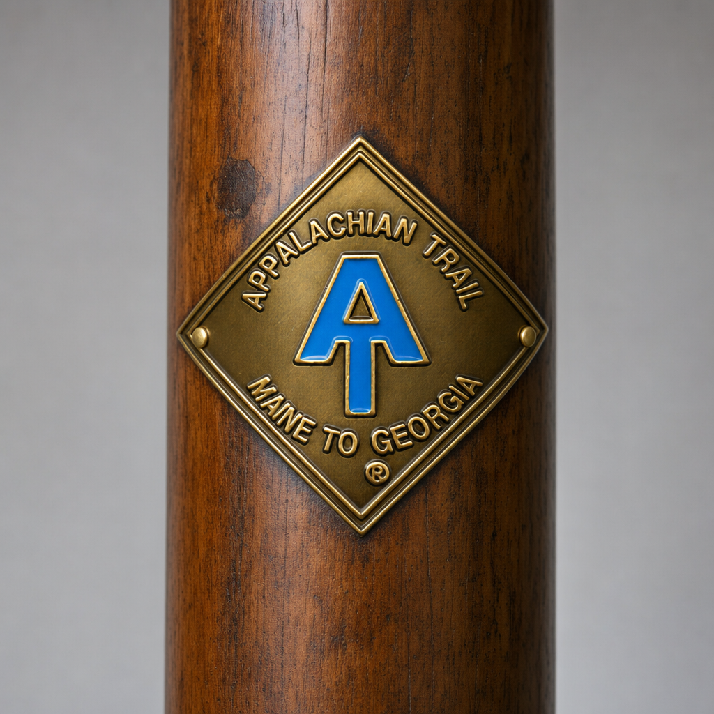 Appalachian Trail Maine to Georgia hiking stick medallion installed on a wooden hiking staff