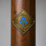 Appalachian Trail Maine to Georgia hiking stick medallion installed on a wooden hiking staff