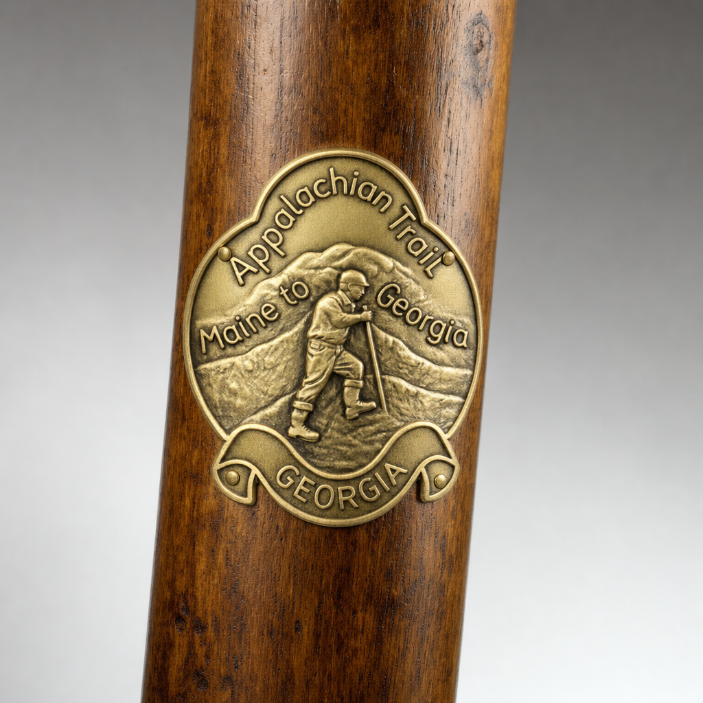 Georgia Appalachian Trail hiking stick medallion installed on a wooden hiking staff
