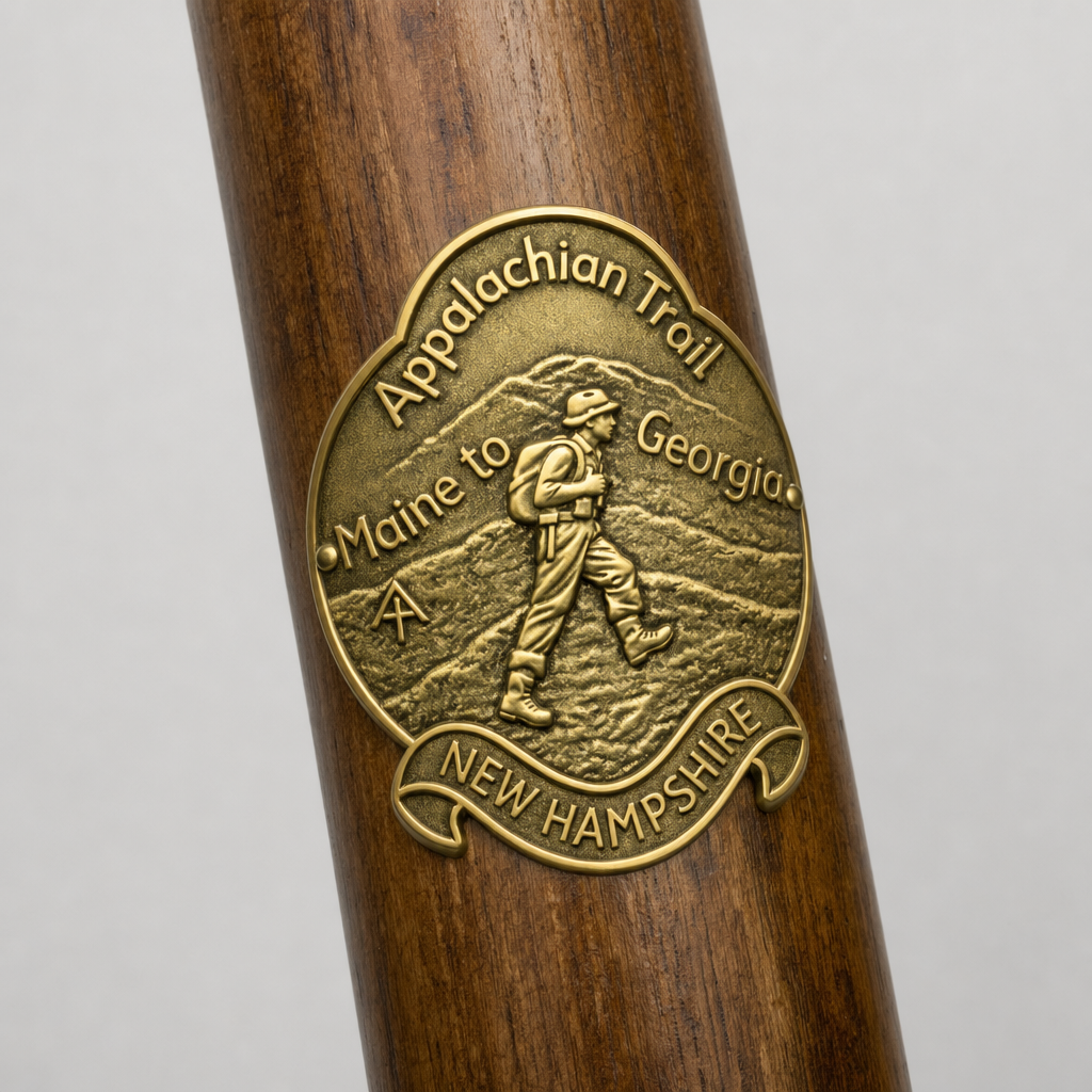 New Hampshire Appalachian Trail hiking stick medallion installed on a wooden hiking staff