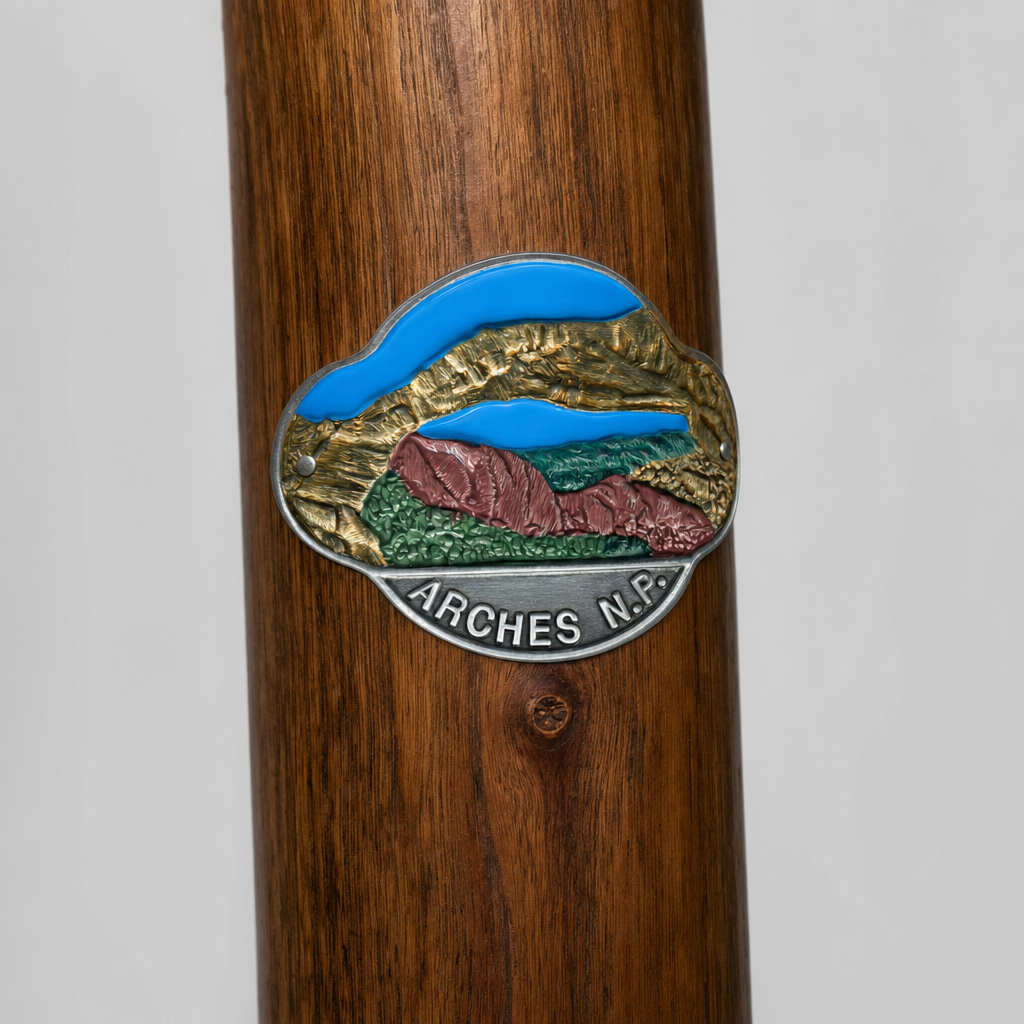Arches National Park View hiking stick medallion installed on a wooden hiking staff