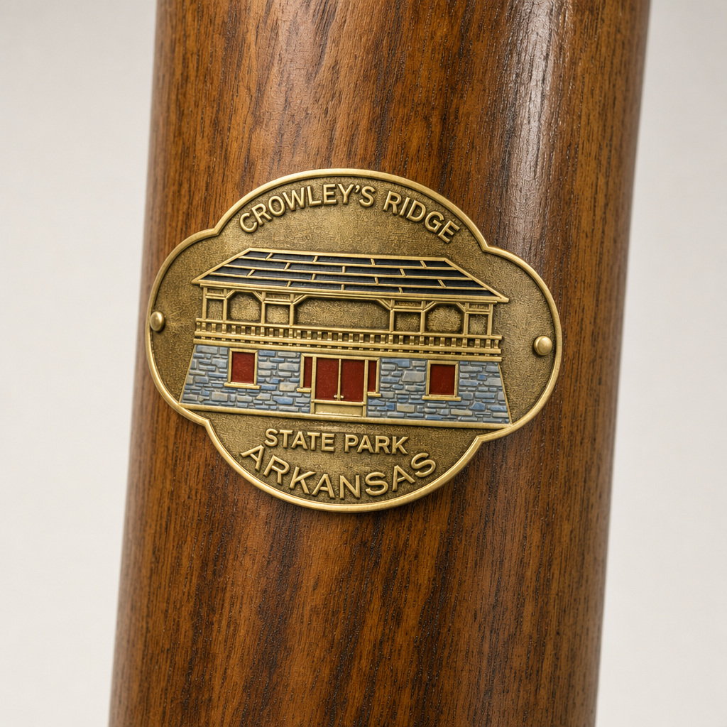 Crowley's Ridge State Park Logo hiking stick medallion installed on a wooden hiking staff