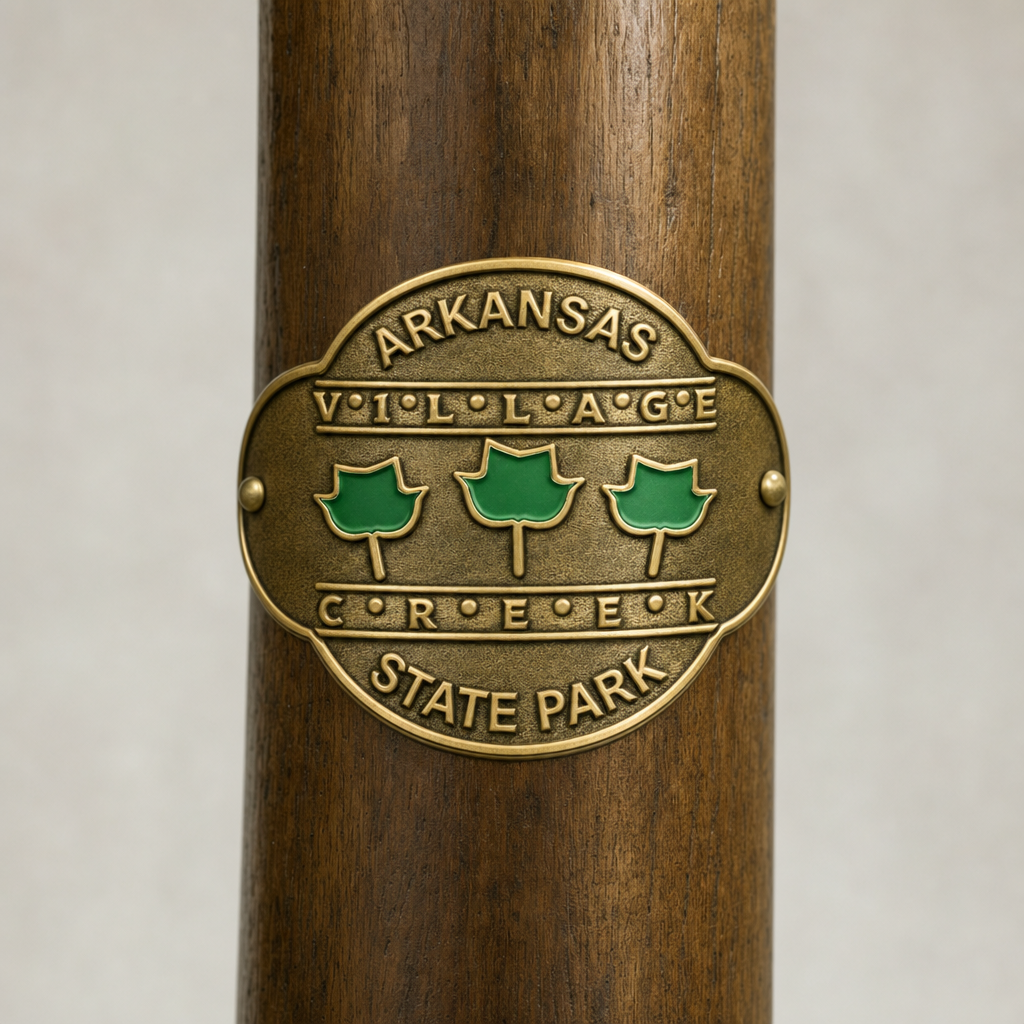 Village Creek State Park Logo hiking stick medallion installed on a wooden hiking staff