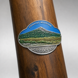 Pinnacle Mt State Park View hiking stick medallion installed on a wooden hiking staff