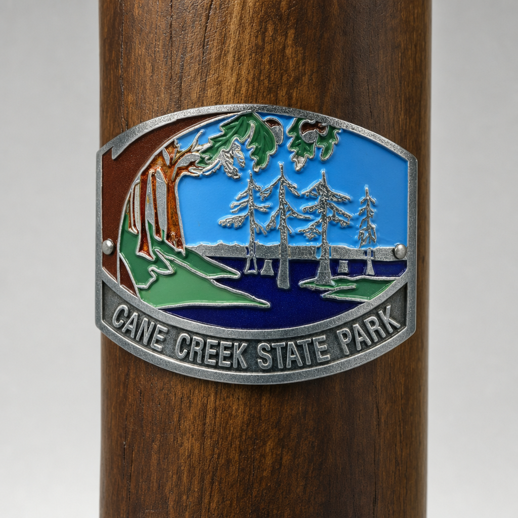 Cane Creek State Park hiking stick medallion installed on a wooden hiking staff