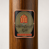 War Eagle Mill hiking stick medallion installed on a wooden hiking staff