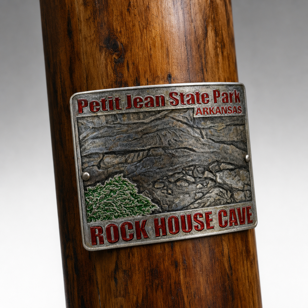 Rock House Cave State Park Petit Jean hiking stick medallion installed on a wooden hiking staff