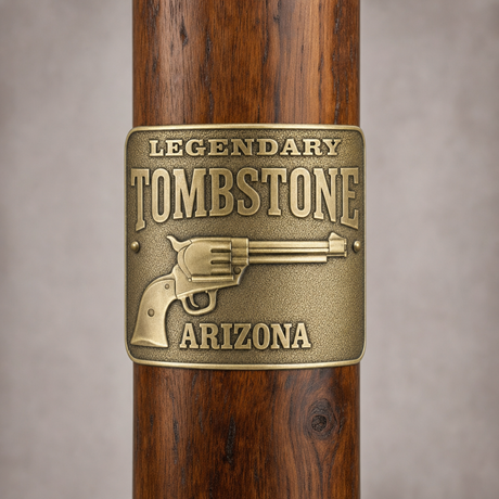 Tombstone hiking stick medallion installed on a wooden hiking staff