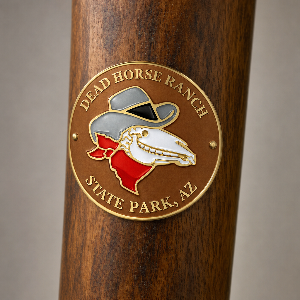Dead Horse Lake State Park hiking stick medallion installed on a wooden hiking staff