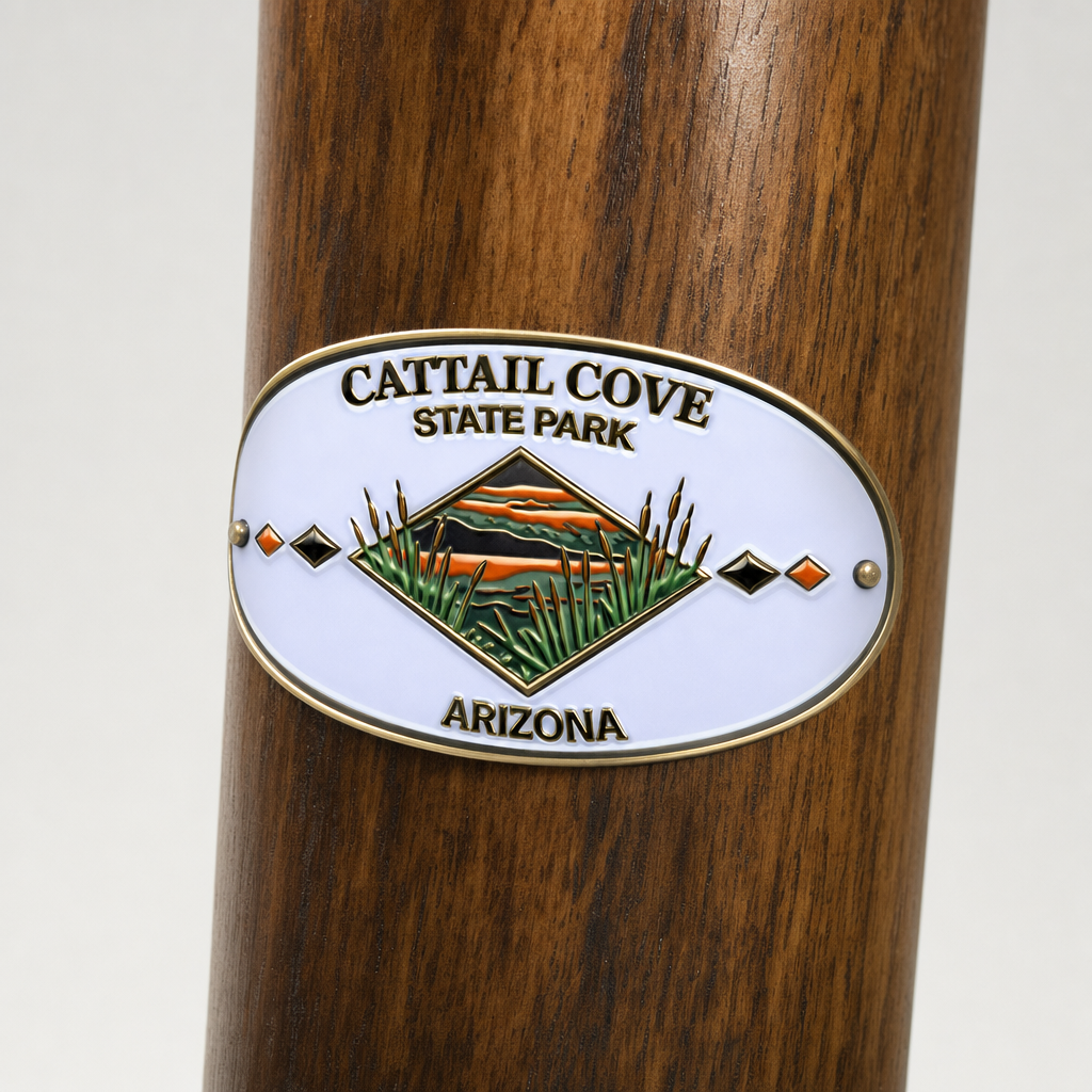 Cattail Cove State Park hiking stick medallion installed on a wooden hiking staff