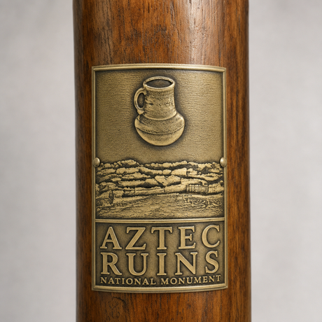 Aztec Ruins National Monument hiking stick medallion installed on a wooden hiking staff
