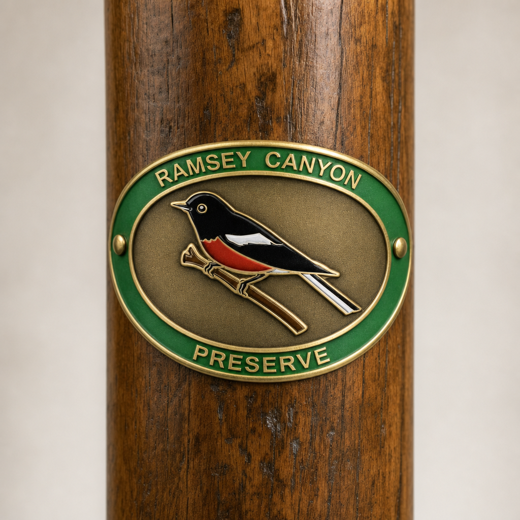 Ramsey Canyon Preserve hiking stick medallion installed on a wooden hiking staff