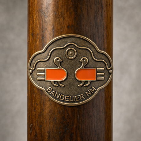 Bandelier National Monument Park Logo hiking stick medallion installed on a wooden hiking staff