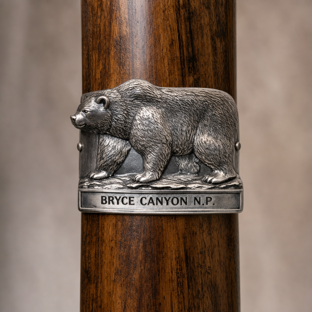 Bryce Canyon National Park Bear hiking stick medallion installed on a wooden hiking staff