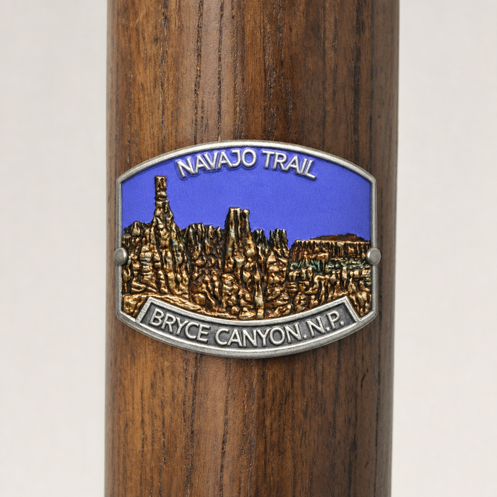 Bryce Canyon National Park Navajo Trail hiking stick medallion installed on a wooden hiking staff
